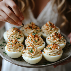Woman holds plate of deviled eggs.