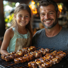 Man and girl smiling while grilling meat.