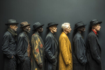 Diverse artists in stylish hats standing in line, showcasing unique expressions and attire