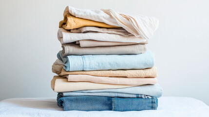 A stack of clean, folded shirts and jeans on a white background.