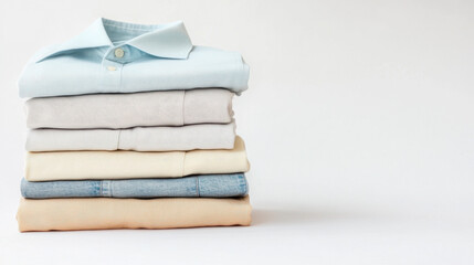 A stack of clean, folded shirts and jeans on a white background.
