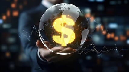 Generic person holding digital glowing currency sign in their palms against a blurred cityscape representing finance and business concept - Powered by Adobe