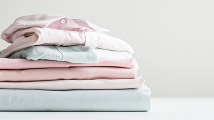 A stack of clean, folded shirts and jeans on a white background.