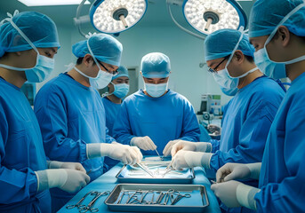 A focused group of Asian surgeons in sterile blue uniforms meticulously arranging surgical instruments on a stainless steel tray in a brightly lit, modern operating room, captured in a high-resolution