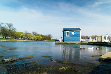 A tranquil lakeside view featuring a vibrant blue house, calm waters with gentle reflections, greenery, and serene surroundings. The ducks swimming further add life.
