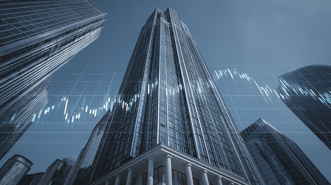 Stock market graph analysis urban business district digital data visualization modern architecture aerial perspective