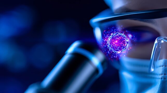 Close up of microscope scientist working in background clinical lab setting. A researcher meticulously examines a specimen using advanced laboratory equipment within a sterile medical