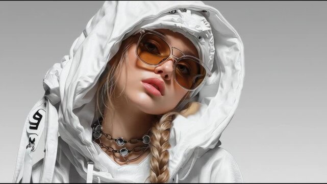 a young female supermodel, posing for a streatwear brand, wearing white hoody with a lot of accessoires and stylisch designer glasses. photorealism.

