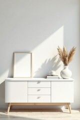 Bright airy room, white sideboard, minimalist decor, mockup wall, wood, room