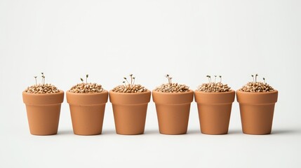 A collection of clay pots filled with sprouting seeds arranged symmetrically