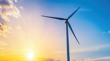 Obraz premium A wind turbine spinning gracefully against a dramatic sunset sky