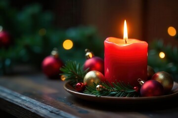 Burning red candle nestled in golden Christmas ornament, romantic, texture
