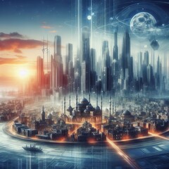 Imaginative urban landscapes blending cultures eras and technolo