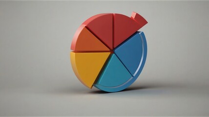 A colorful pie chart with one slice pulled out on a gray background in a studio setting