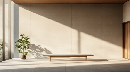 Sunlight streams into a minimalist interior space, highlighting a simple wooden bench and a potted plant, creating a serene and modern architectural scene.