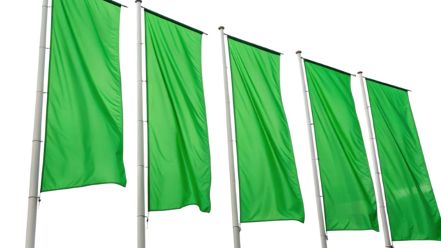 Green flags wave proudly in breeze, symbolizing hope and positivity in vibrant setting