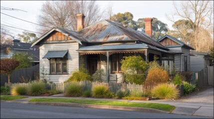 Quaint single-story weatherboard house with rusty corrugated metal roof, red-brick chimneys, covered porch, and decorative wooden trim on quiet suburban street.