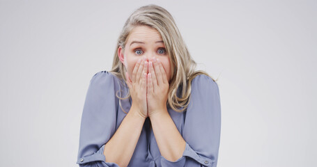 Surprise, shock and portrait of woman in studio with bad news, announcement and omg. Face...