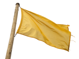 Vibrant yellow flag flutters gracefully on wooden pole, symbolizing hope and positivity in breeze