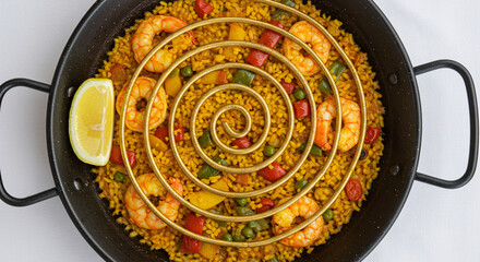 Delicious seafood paella in a black pan, featuring shrimp and vegetables arranged in a spiral.