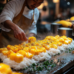 Chef preparing food on tray.