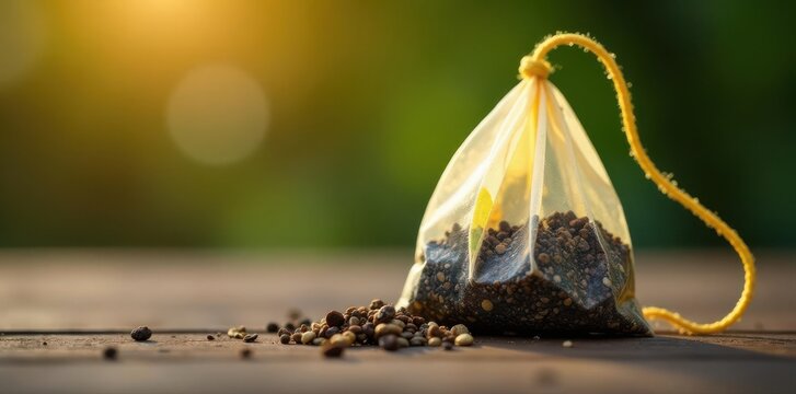 Single tea bag with yellow string tag, ready to brew , template, label