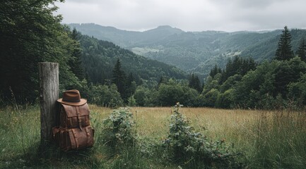 Brown backpack, hat on wooden post, mountain view