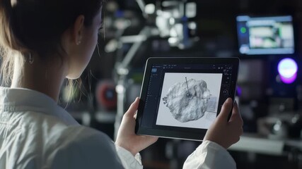 Scientist using tablet to analyze 3D model in modern laboratory setting during daytime - Powered by Adobe