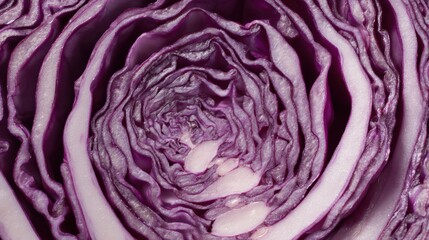 Obraz premium Sliced Red Cabbage Forming a Circular Pattern With Natural Mandala Design and Open Center Showcasing Intricate Details