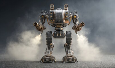 A formidable robot stands tall, showcasing intricate mechanical details and a powerful stance, perfect for science fiction, gaming, or futuristic technology concepts.