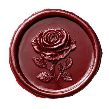 Exquisite detailed embossed burgundy rose wax seal isolated against a transparent background