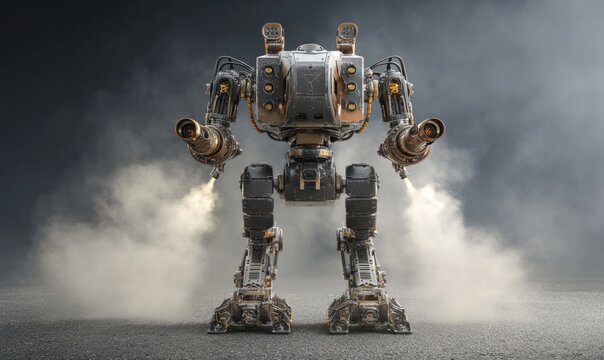 A formidable robot stands tall, showcasing intricate mechanical details and a powerful stance, perfect for science fiction, gaming, or futuristic technology concepts.