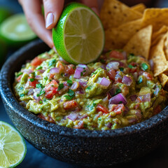 Hand dipping guada gua into a bowl.