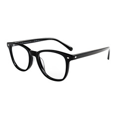 A pair of black glasses with silver rims, front view, white background, studio lighting, product photography