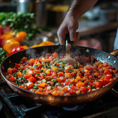 Person cooking tomatoes in a pan on a stove.