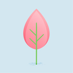 Pink organic leaf with green stem on light blue background, clean modern flat vector art.