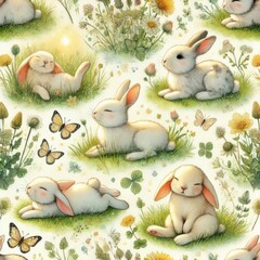 Bunnies resting and enjoying sunlight on meadow surrounded by butterflies, clover, wildflowers and grass. Seamless watercolor pattern with rabbits in sunny field.