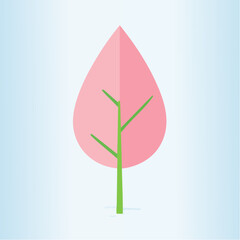 Pink organic leaf with green stem on light blue background, clean modern flat vector art.