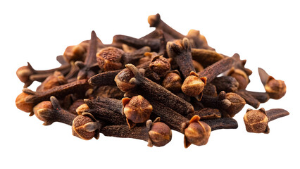 Obraz premium cloves scattered in a pile their dried brown forms showcasing the aromatic spice's unique shape and texture. isolated on white background 67955638 1