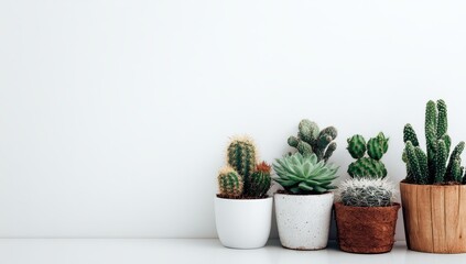 Succulents and cacti in small pots against a white wall