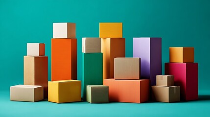 Colorful Cubes and Rectangular Prisms on Teal Background