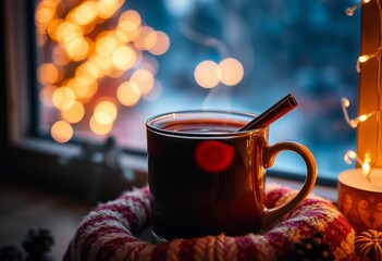  Enjoy Winter Comfort with a Steaming Cinnamon Drink and Soft Twinkling Lights by a Snowy Festive Window Setting