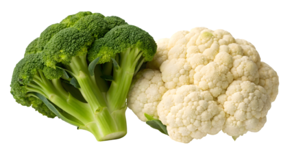 broccoli and cauliflower heads in pairs showcasing their contrasting colors textures and floret patterns. isolated on white background 35638912 1