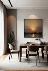 Fototapeta premium Enhance your dining area with a warm sunset artwork, sleek furniture, and lush indoor plants that create an inviting atmosphere for family meals or intimate dinner gatherings with friends.