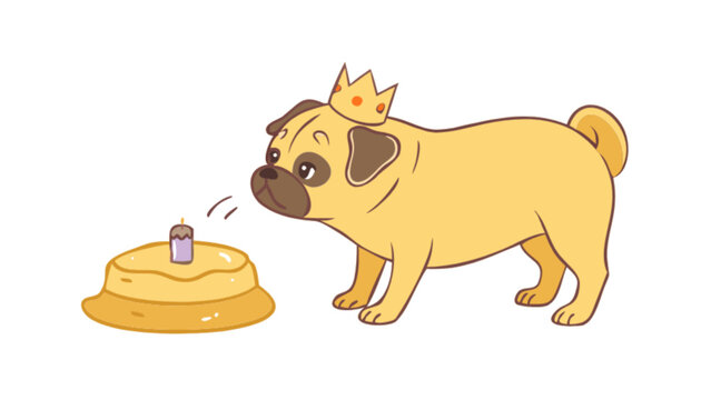 Cute pug dog wearing crown blowing out candle on birthday cake vector illustration clip art for design