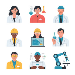 Nine S T E M Career Icons Featuring Scientists Engineers and a Robotic Arm