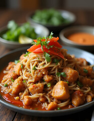 Fototapeta premium Mie Goreng with Meatballs and Spicy Sauce, A delicious serving of Mie Goreng (Indonesian fried noodles) with juicy meatballs and savory spicy sauce, topped with fresh herbs and tomato slices.