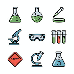 Obraz premium Nine Science Lab Icons Featuring Beakers Microscopes Safety Goggles and Test Tubes