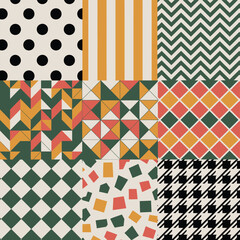 Nine Seamless Pattern Tiles with Polka Dots Stripes Chevron Geometric Houndstooth and Abstract Shapes