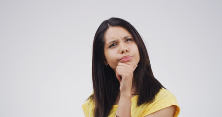 Thinking, woman and ideas in studio for problem solving, solution choice and doubt question. Space,...